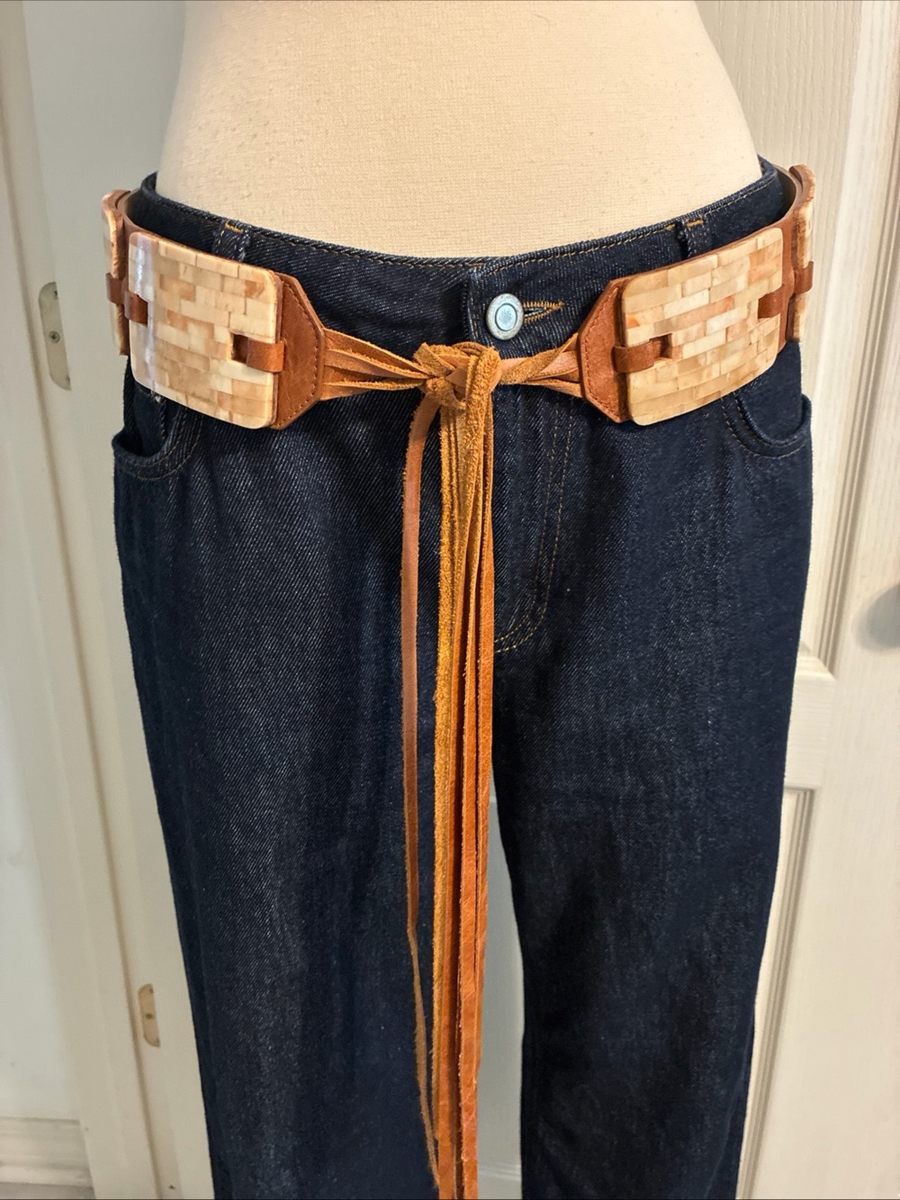 Streets Ahead Fringe Leather Belt with Wooden Accents Medium